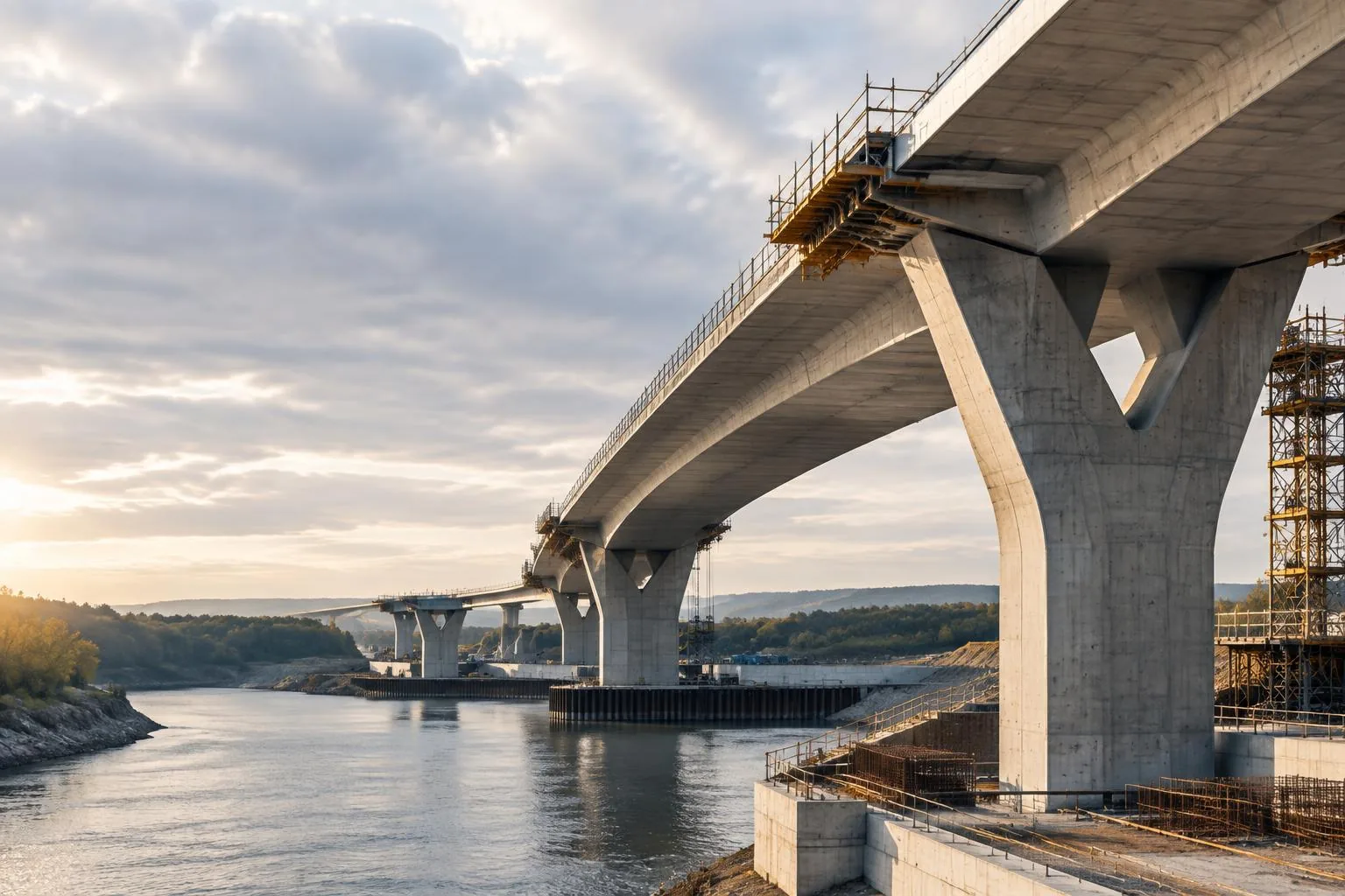 Pont en béton en construction au-dessus de l'eau